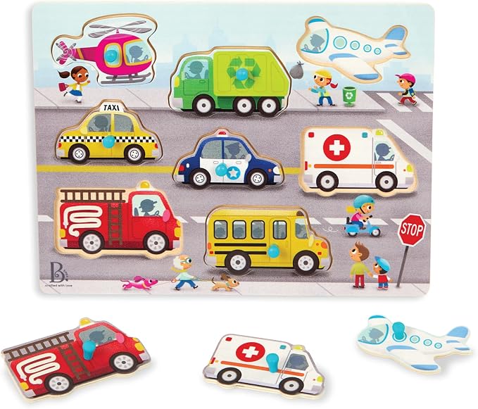 B. toys – Peek & Explore – Vehicles – Wooden Peg Puzzle for Toddlers, Kids – 8 Pieces – Fire Truck, Airplane, Taxi & More – 2+ Years