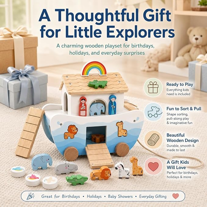 Wooden Noah’s Ark Toy for Toddlers 1-3, Montessori Animal Shape Sorter with 8 Pairs of Animals, Noah Figures, Rainbow, Ladder and Lacing Rope, Baptism Birthday Christian Gift for Boys Girls