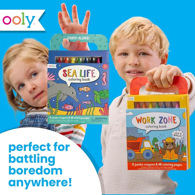 Ooly Kids Travel Activity Kit – 9 Jumbo Crayons & 48 Coloring Pages, Car Crafts for Kids, Mess-Free Road Trip Art Set, Airplane Activities – Sea Life