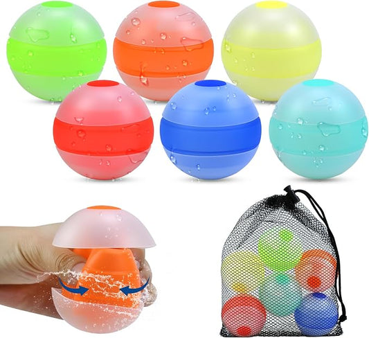 Reusable Water Balloons for Kids, Outdoor Summer Pool Beach Water Toys, Refillable Quick Fill Water Balloons for Boys and Girls Ages 3+ (6Pcs)