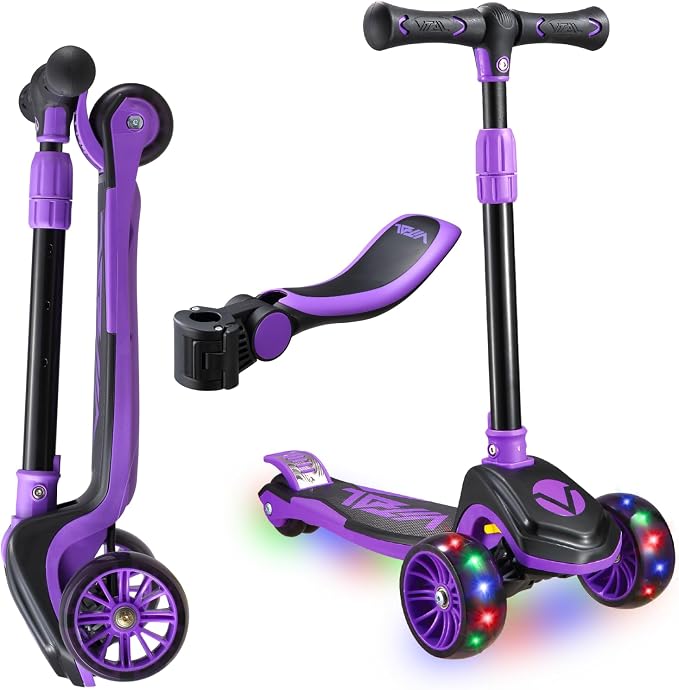 Vital Tyke 3 Wheel Toddler Scooter | LED Wheels, Foldable, Tool-Free Adjustable Handlebar & Removable Seat Scooters for Kids 3-5 and kick Scooters for Kids 5-7 up to 110lbs