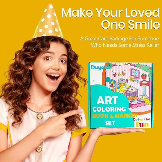 Cute Coloring Book Set for Teens Adults Relaxation, Easy and Simple Designs Coloring Book for Teens Girls, Stress Relief Gifts for Women with 24 colors Markers & 12 Glitter Pens & 12 Colored Pencils