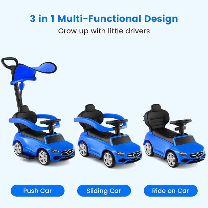 OLAKIDS Push Car for Toddlers, 3 in 1 Licensed Mercedes Benz Baby Sliding Walking with Parent Control Handle Adjustable Canopy Guardrail Under Seat Storage, Kids Ride on Toys with Horn (Blue)