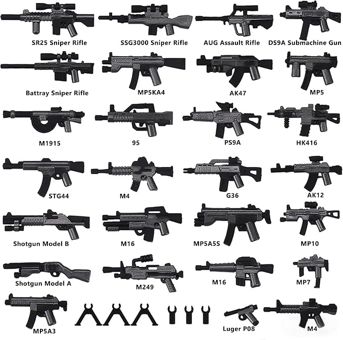 Military Weapons Pack, Military Toy Gun Set for Classic Building Blocks, 33 Pieces WW2 Army Accessory Combination, Compatible with Major Brands, Silver-Black