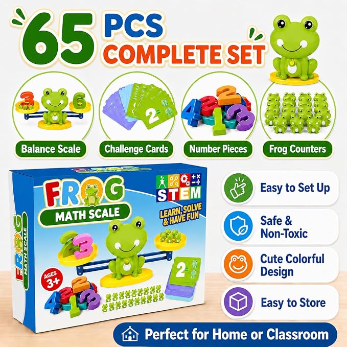 CozyBomB™ Homeschool Kindergarten Frog Scale Cards Balance Board Game - Preschool Math Learning Stem Montessori Toys Educational Gifts for Boy Girl Ages 3 4 5 6 Year Old Birthdays Christmas Holidays