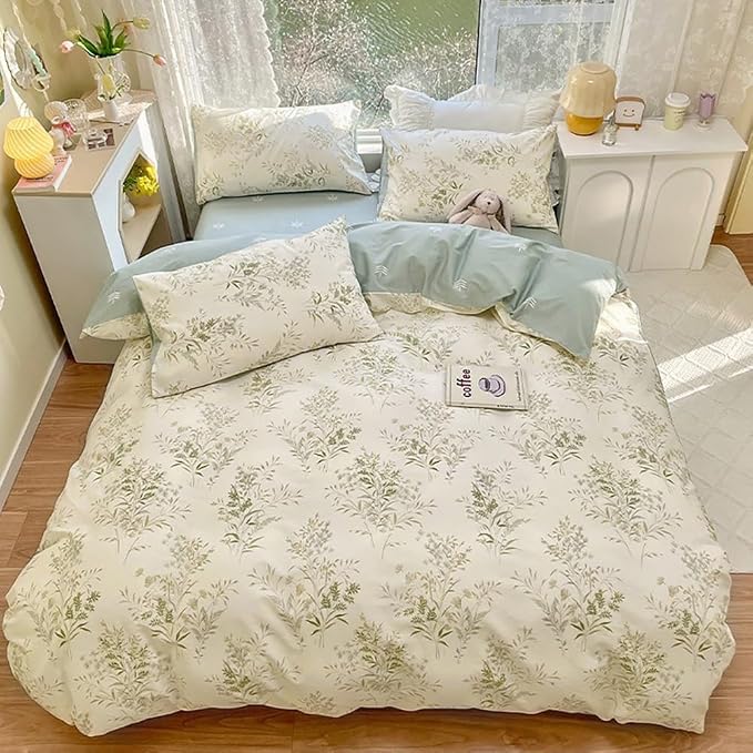 LifeTB Floral Botanical Comforter Set Full Size, Aesthetic Flower Leaves Pattern Cute Floral Bedding Comforter Set, 3 Pieces Lightweight Soft Fluffy Botanical Flowers Comforter with 2 Pillowcases