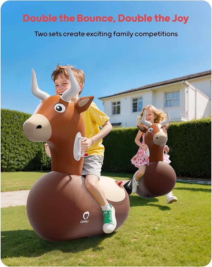 QPAU Large Inflatable Bull Hopper Bouncy Toy, 250lbs High Capacity Ride-on Animal for Kids & Adults, Soft Fabric Cover & Pump, Durable Puncture-Resistant Bouncer for Family Party Gift