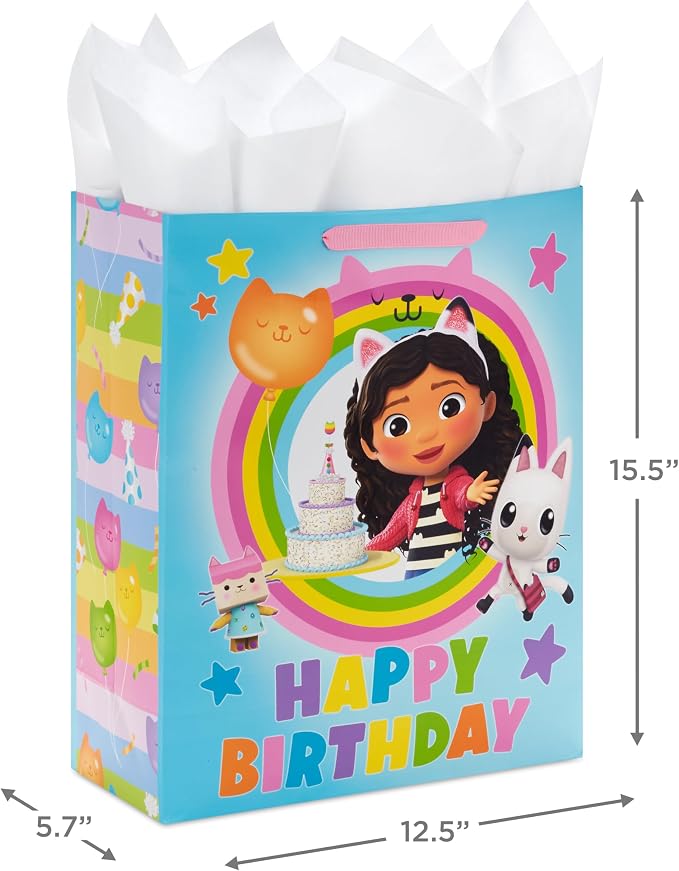 Hallmark Gabby's Dollhouse 15" Extra Large Birthday Gift Bag with Tissue Paper (Blue and Pink Rainbow) for Kids, Grandchildren, Friends