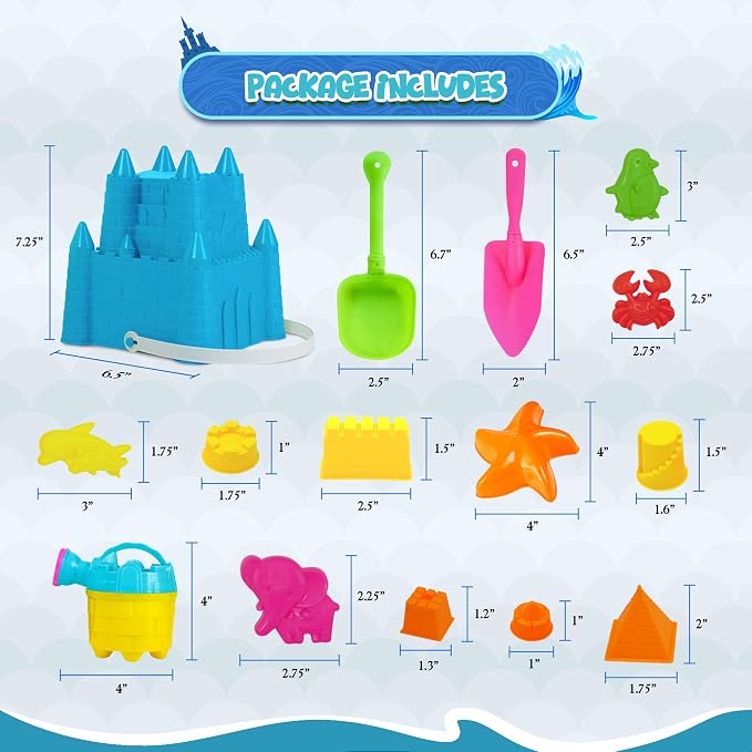 4E's Novelty Beach Toys for Kids with Bag (17 Pcs Set) Castle Beach Bucket with Shovels & Molds Kit - Sand Toys Set for Toddlers with Mesh Beach Bag Backpack, Easter Basket Stuffer