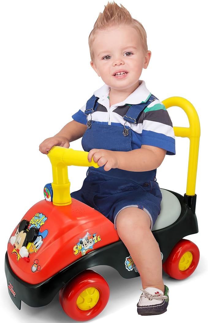 Kiddieland Mickey Mouse Foot-to-Floor Ride-On with Foldable Handle, Interactive Sounds, Toy Phone, Under-Seat Storage, Wide Wheels, 12–36 Months, 55 lb Limit, Batteries Included