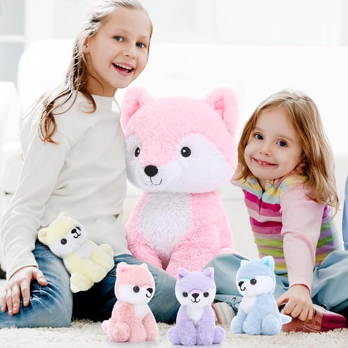 Muiteiur 5 Piece Fox Stuffed Animal Set, Soft Mommy Fox Plush Toy with 4 Cute Babies, Cute Stuffed Animal for Girls and Boys, Fun Gift for Kids, Pink 20inch