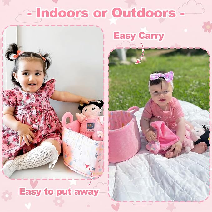 OUOZZZ 10" Soft Baby Doll Accessories with Plush Asian Doll, Bassinet, Blanket and Bottle, Toys for 2 Year Olds Girls Birthday Gift, Interactive Pretend Playset for Preschool, Home