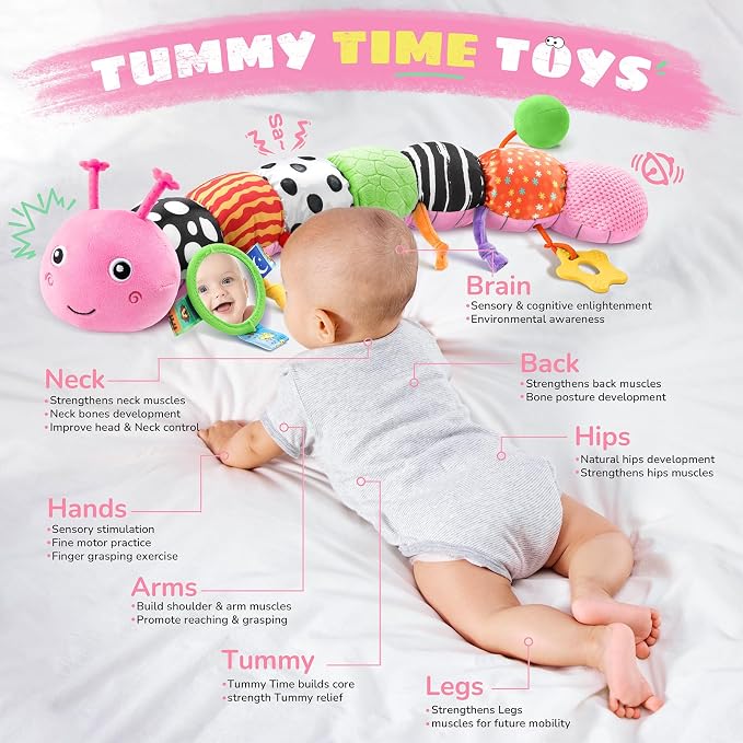 AWOTOY Baby Toys Sensory Music Caterpillar Stuffed Animals Infant Toys,Pink | Teething Toys 0-3-6-12 Months Tummy Time with Mirror Crinkle Rattle&Pull String for Newborn Boys Girls Shower Gifts Birthday