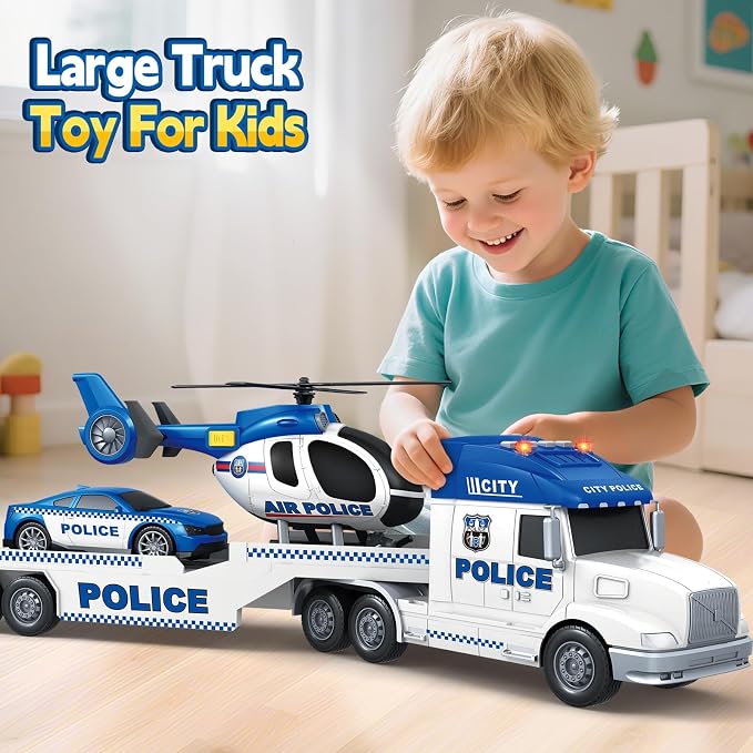 Kids Toys for 3 4 5 6 7 8 Years Old Boys, 27" Police Truck Toy with Racing Car and Helicopter, Toddler Friction Powered Truck Vehicle Toy with Lights, Sounds for Boys Girls Christmas Birthday Gifts