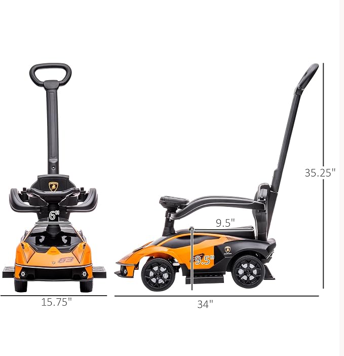 Aosom 2-in-1 Ride On Push Car for Toddlers 1-3, Licensed Lamborghini Stroller Sliding Car, Push-Along with Under Seat Storage Horn Engine Sound and Steering Wheel, Manual, Orange