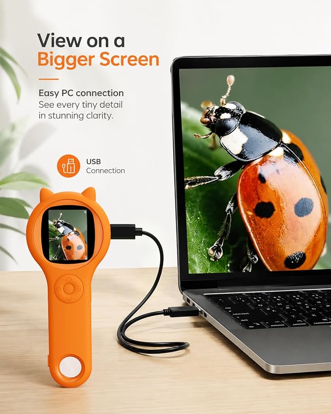 Bug Exploration Microscope for Kids, 500X Handheld Digital Microscope with 2" IPS Screen, Backyard Adventure STEM Science Toy Age 5-12 (Orange)