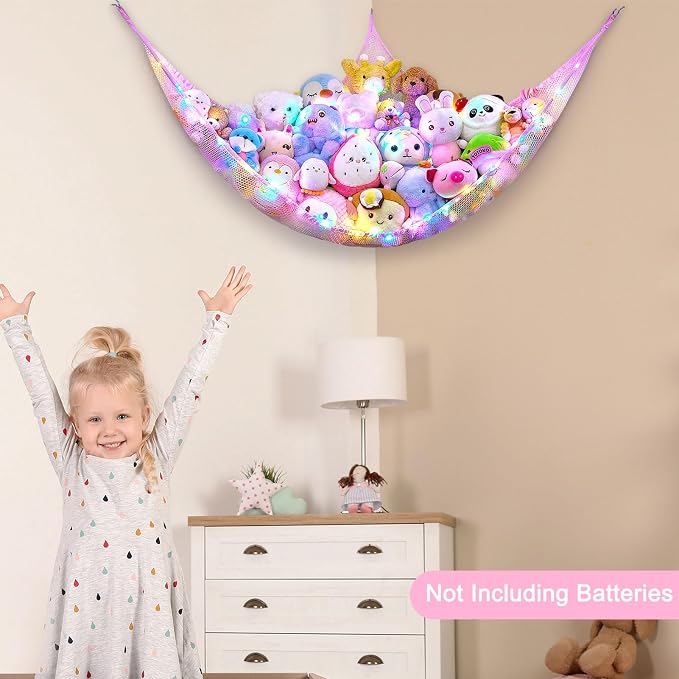 Stuffed Animals Net or Hammock Kids Toy Storage Organizer with LED Light Unicorn Castle Hanging Corner Stuffed Animals Holder Kids Girls Room Decor (Pack of 1)