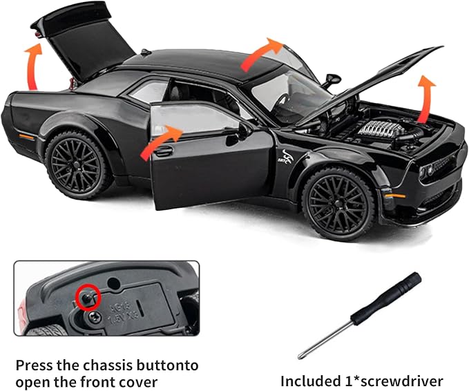 Toy Cars 1/32 Dodge Challenger Die Cast Metal Toy Cars Hellcat Toy Car with Sound and Light Pull Back Hellcat Car for 3+ Year Old Boys and Kids