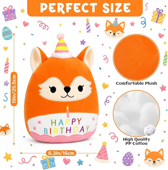 Fox Plush Toy - 10inch Cute Birthday Stuffed Animal Fox Plush Pillow, Soft Kawaii Fox Birthday Gifts Plushie Doll Stuffy Toys Party Decoration for Kids Girls and Boys