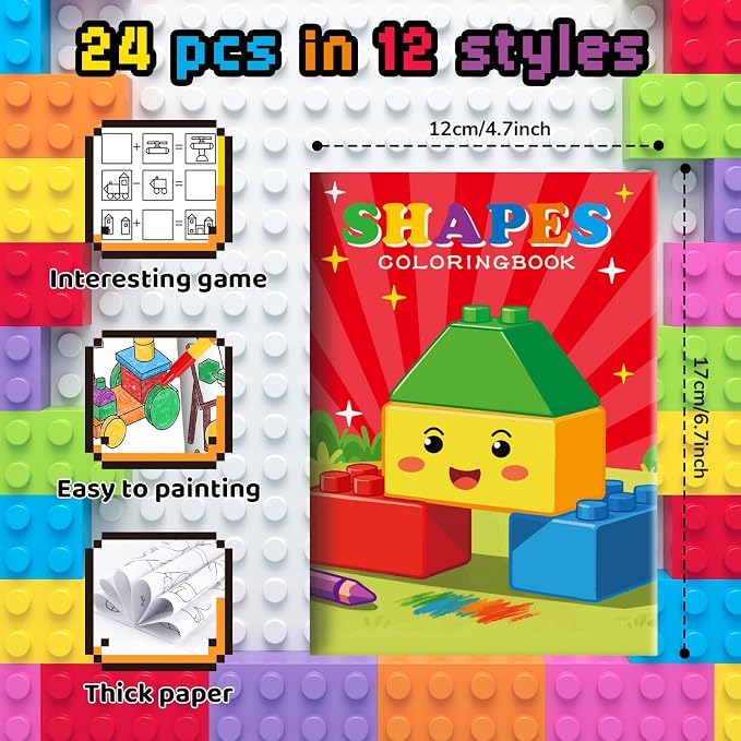 BenLouis 24 Pcs Building Block Mini Coloring Books Kids Geometric Shapes Party Favors Small Activity Books Bulk for Kids Building Birthday Goodie Bags Stuffers Return Gifts Classroom Travel