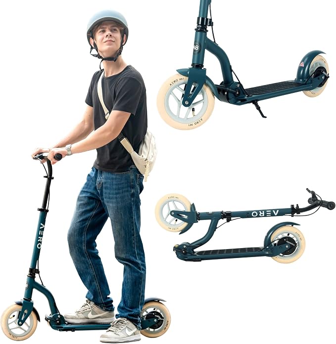 AERO MOBILITY Kick Scooter for Kids 6+, Teens & Adults | Light Up Wheels, Hand Brake, Rubber Deck Mat & Shock Absorption | Foldable & Height Adjustable