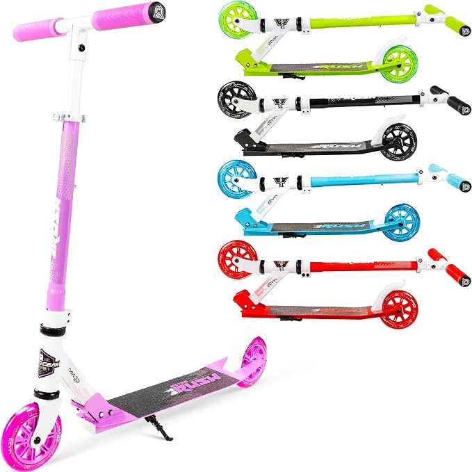 Kick Scooter for Ages 5+ - Kids, Teens & Adults. Max Load 220lbs. Foldable, Light-Up Wheels, Adjustable Height, Lightweight - Rush 125 Madd Gear