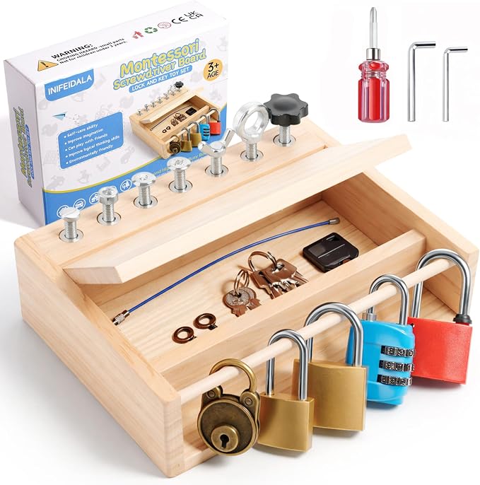 INIFEIDALA Montessori Screwdriver Board Set - Lock and Key Toy,Busy Board Toys for 3 4 5 Year Olds Boy Birthday Gifts,Kids Tool Set, Preschool Learning Sensory Fine Motor Skills STEM Toys