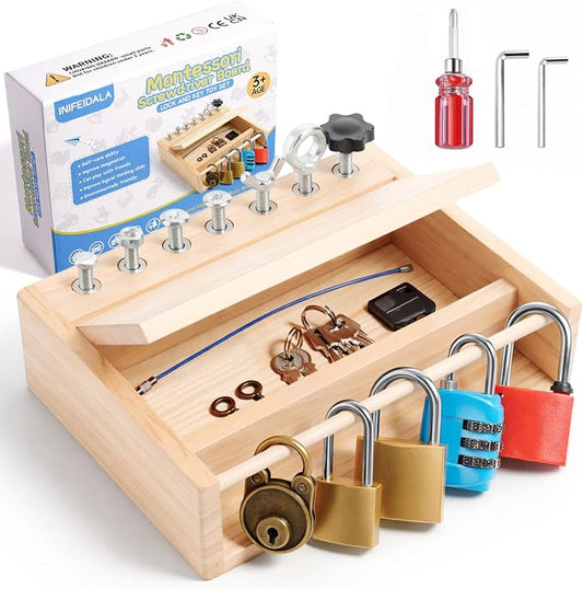INIFEIDALA Montessori Screwdriver Board Set - Lock and Key Toy,Busy Board Toys for 3 4 5 Year Olds Boy Birthday Gifts,Kids Tool Set, Preschool Learning Sensory Fine Motor Skills STEM Toys