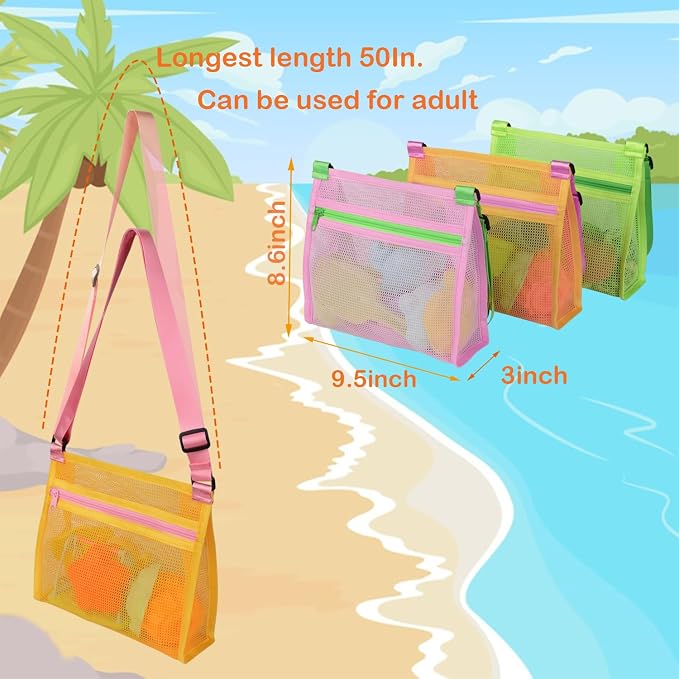 MUYIZI Mesh Beach Bag for Shells Collecting 3 Pack,Sea Shell Bags for Picking Up Shells,Beach Shell Bag for Kids,Shell Bags for Beach, Sand Toys Beach Toys Swimming Accessories for Boys and Girls