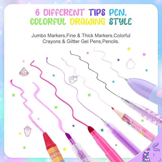 MAIGOZON Mermaid Gifts for Girls - 56 PCS Scented Markers Art Supplies Set for Kids Ages 4-8, Coloring Drawing Kit with Glitter Mermaid Case & Quick-Dry Gel Pens, Birthday Christmas Gift