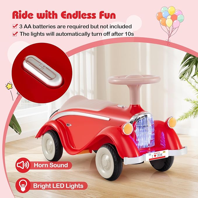 Costzon Toddler Ride On Toy, Classic Foot to Floor Sliding Car w/Steering Wheel, Horn, Headlights & Under Seat Storage, Kids Push Ride-Ons, Retro Baby Ride On Toys for Boys Girls 19-36 Months (Red)