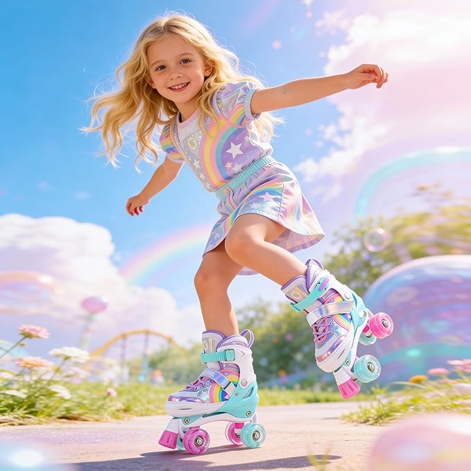 SULIFEEL Rainbow Unicorn 4 Size Adjustable Roller Skates for Girls Boys for Kids Ages 3-5 5-8 6-12 Children Skates Indoor Outdoor