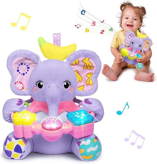 Holaxander Baby Elephant Musical Stuffed Animals Toy with Light-Up Music & Crinkle Sound Paper,Infant Bilingual Early Learning Education Toys,Tummy Time Toys for 0-3-6-12+ Months Boy Girl, Purple
