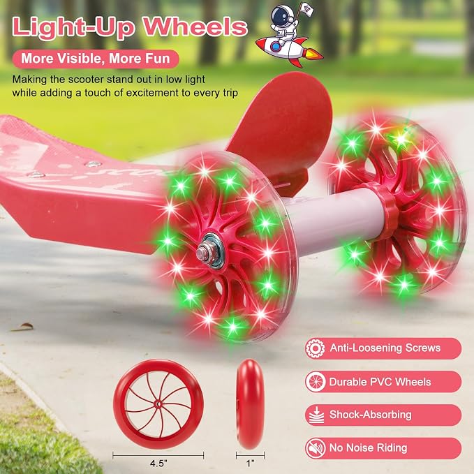 Kids Scooter - LED Light Up 3 Wheel Scooter for Kids 3-5, Adjustable Handlebar Height, Long Anti-Slip Deck,Heavy Duty Metal Scooters for Boys Girls Ages 3-5 5-7, up to 110 Lbs