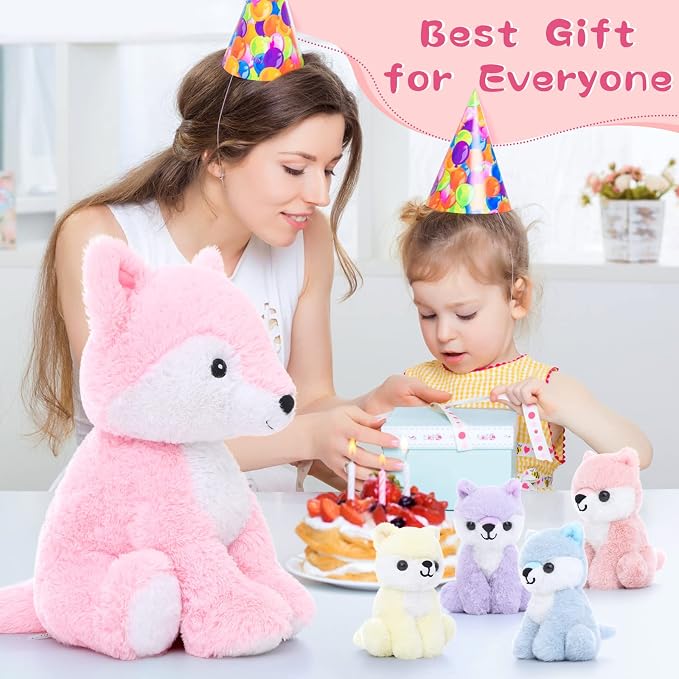 Muiteiur 5 Piece Fox Stuffed Animal Set, Soft Mommy Fox Plush Toy with 4 Cute Babies, Cute Stuffed Animal for Girls and Boys, Fun Gift for Kids, Pink 20inch