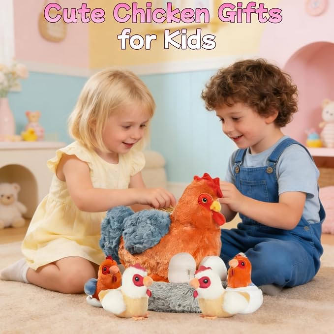 9 in 1 Chicken Stuffed Animal Set, Cute Stuffed Chicken Plush Toy Egg Laying Hen with Zipper and Baby Chicks Toy Chickens Eggs and Chicken Coop Toys for Kids Girls Boys Birthday Christmas Plush Gifts