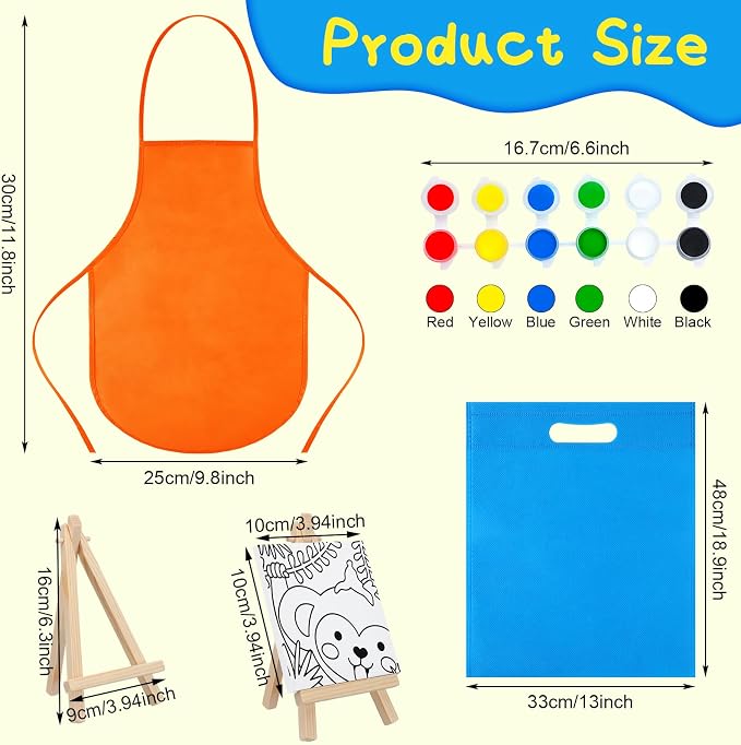 Tenceur 48 Pcs Kids Paint Party Favors Sets with 12 Pcs Animals Pre Drawn Canvas Panel and Wooden Easel Set Paint Pots and Brushes 12 Mini Apron and Tote Bag for Kids Girls Student Boys