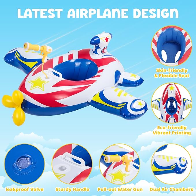 Baby Airplane Pool Float with Handle & Squirt Gun, Baby Swim Float Swimming Pool Float Kids Toddler Floaties Toddler Pool Float Age 1-4 Boys Girls Inflatable Ride-ons Pool Beach Toys