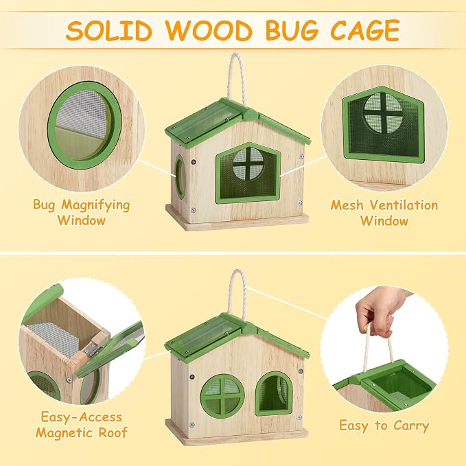 SainSmart Jr. Bug Catcher for Kids - Wooden Bug Habitat with Magnified Viewer, Butterfly Net, Observation Box, Tweezers & 15 Cards, Outdoor Toys & STEM Toys for Boys & Girls Ages 3+, Green
