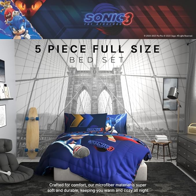 Franco Sonic The Hedgehog 3 Movie Kids Bedding Super Soft Comforter and Sheet Set, 5 Piece Full Size, (Officially Licensed Product)