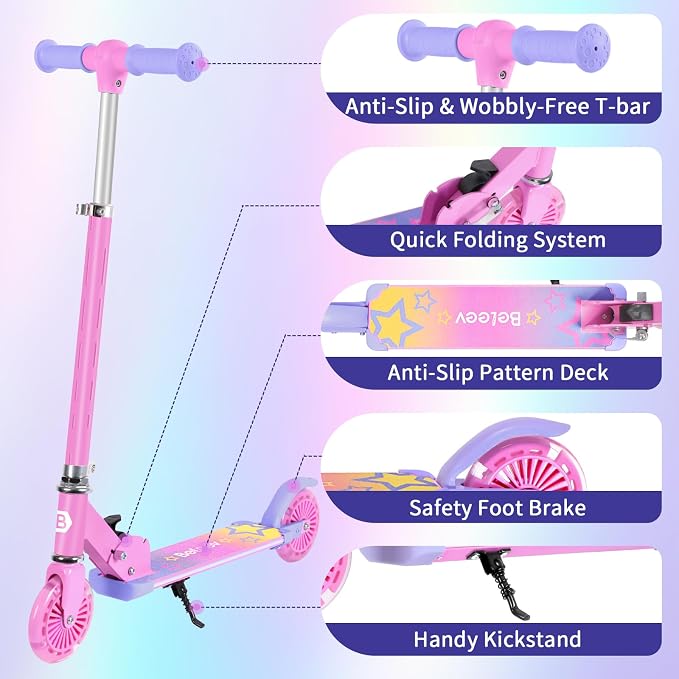 BELEEV V3 Scooter for Kids with Light-Up Wheels & Stem & Deck, 2 Wheel Folding Scooter for Girls Boys, 4 Adjustable Height, Lightweight Kick Scooter with Handy Kickstand for Children Ages 3-12
