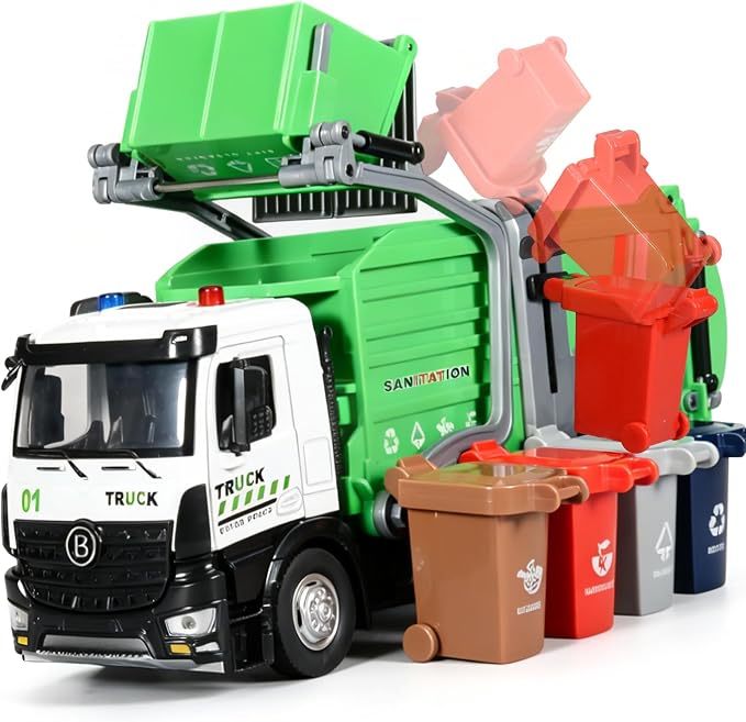 Garbage Truck Toys Diecast Metal Cab Front Loader Waste Management Garbage Truck for Kids and Toddlers Pull Back Trash Truck Toy Set with Lights and Sounds Garbage Truck Toys for Boys Age 4-7