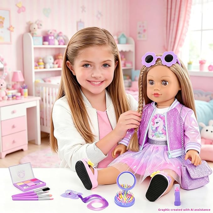 American 18 Inch Doll Clothes & Makeup Accessories Gift Set Includes Dress, Makeup Brush, Shoes, Bag, Haircomb, Eyeshadow, Lipstick, Wig, Hairpin, Sunglasses (Doll Not Included)