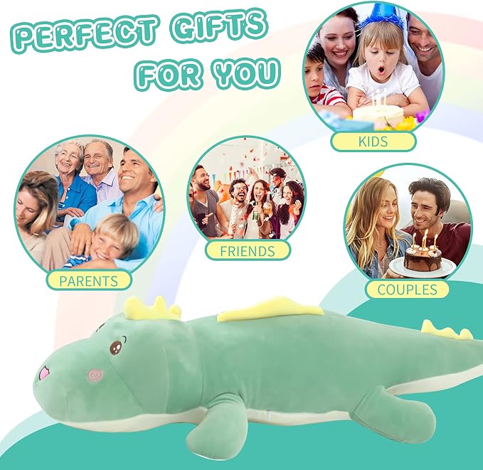 Tianmihou 40 Inch Giant Dinosaur Plush Pillow, Jumbo Green Dinosaur Stuffed Animal, Soft Long Dino Body Pillow for Kids Boys Girls, Huge Dinosaur Plushie Cuddle Toy, Birthday Gift for Children