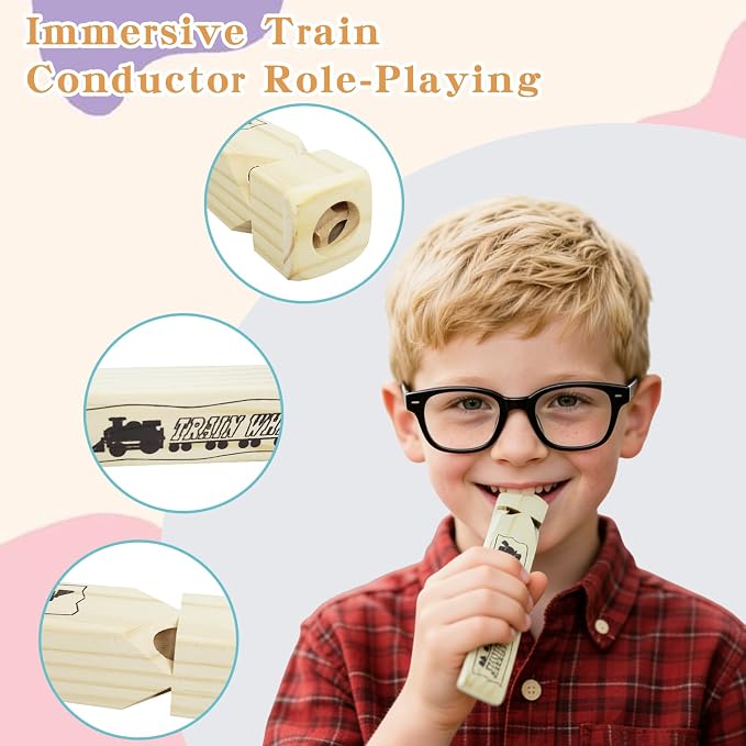 Kids Train Conductor Costume Set 7 Pcs - Halloween Engineer Dress Up with Wooden Train Whistle, Ticket Punch & Pocket Watch | Complete Role Play Accessories for Boys Girls Ages 3-12