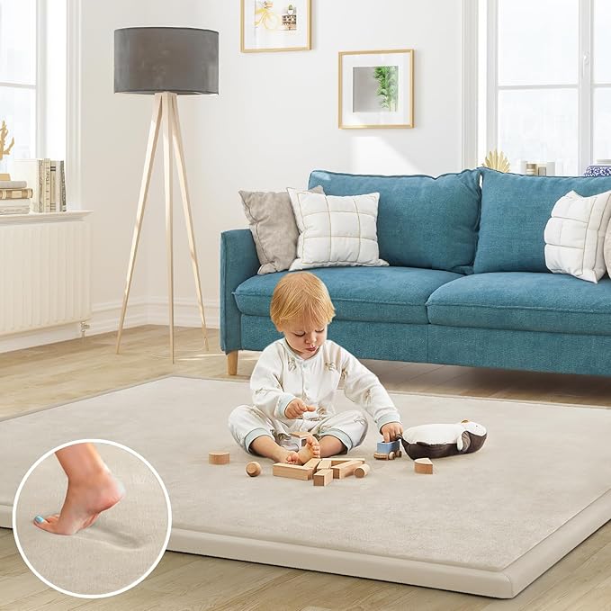 Baby Play Mat for Floor Nursery Rug Muscle Mat Area Rug Playroom Rug 79"x158" Playpen Mat Elastic Foam 1.3" Thick Crawling Mat for Babies,Toddlers, Infants, Kids,A Beige