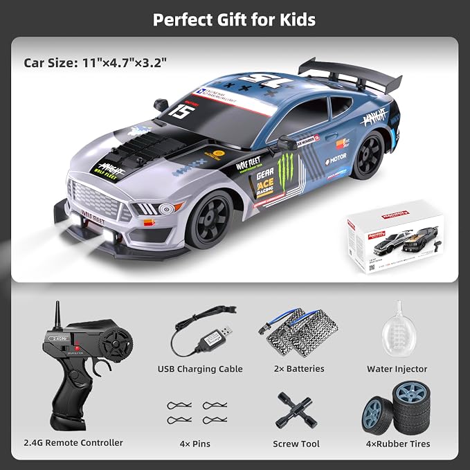 RC Drift Car, Drifting RC Car 2.4GHz 1:16 Remote Control Cars 4WD High Speed Racing Vehicle with LED Lights Two Batteries and Drifting Tires Racing Sport Toy Cars for Adults Boys Girls Kids