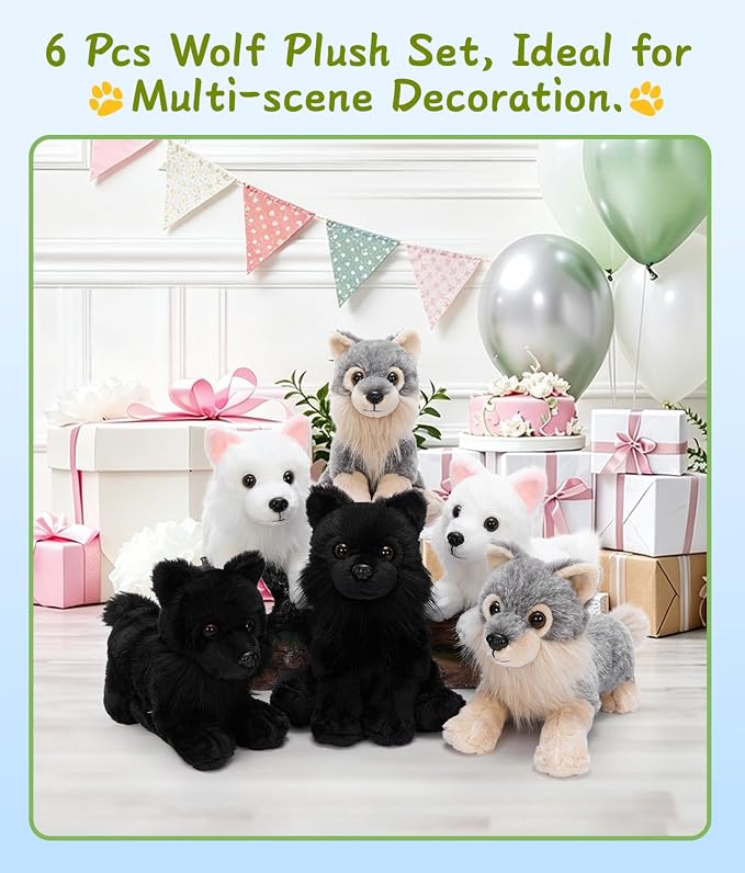 Tezituor 6 Pack Wolf Stuffed Animals, 10 Inch Wolf Plush Toys Bulk, Soft Stuffed Wolves in Assorted Colors and Poses, Forest Animal Plushies for Kids, Birthday Gifts, Party Favors