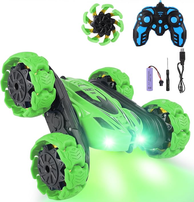RC Stunt Car, 360° Flips & Double-Sided Remote Control Truck with LED Lights, 2.4GHz High Speed All Terrain Off-Road Toy Car, Gift for Boys Girls Kids Ages 6-12 (Green)