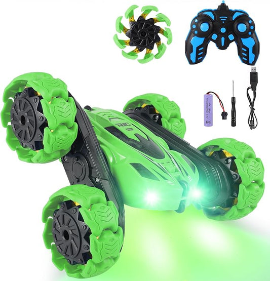 RC Stunt Car, 360° Flips & Double-Sided Remote Control Truck with LED Lights, 2.4GHz High Speed All Terrain Off-Road Toy Car, Gift for Boys Girls Kids Ages 6-12 (Green)